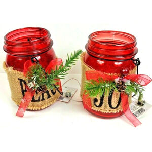 Light Up Christmas Mason Jars Lamps Burlap Holiday Decor Joy Peace Lot of 2